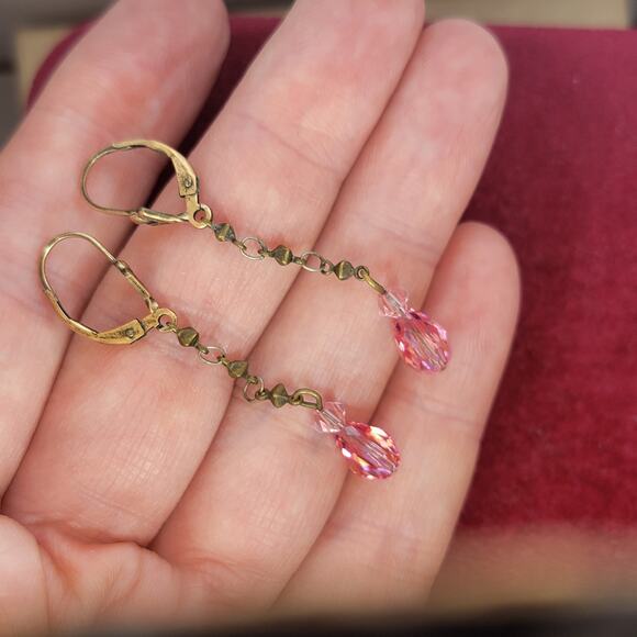 Vintage Pink Glass Earrings 2 Inch Bronze Dangle Boho Jewelry - Picture 6 of 8